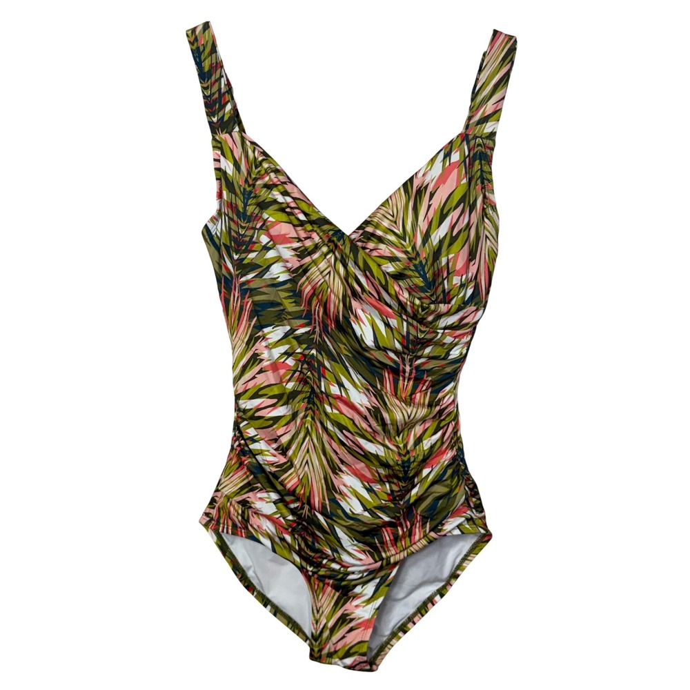 Jantzen Jungle Palm Surplice One Piece Swimsuit Size 6 Green Pink Tropical Beach